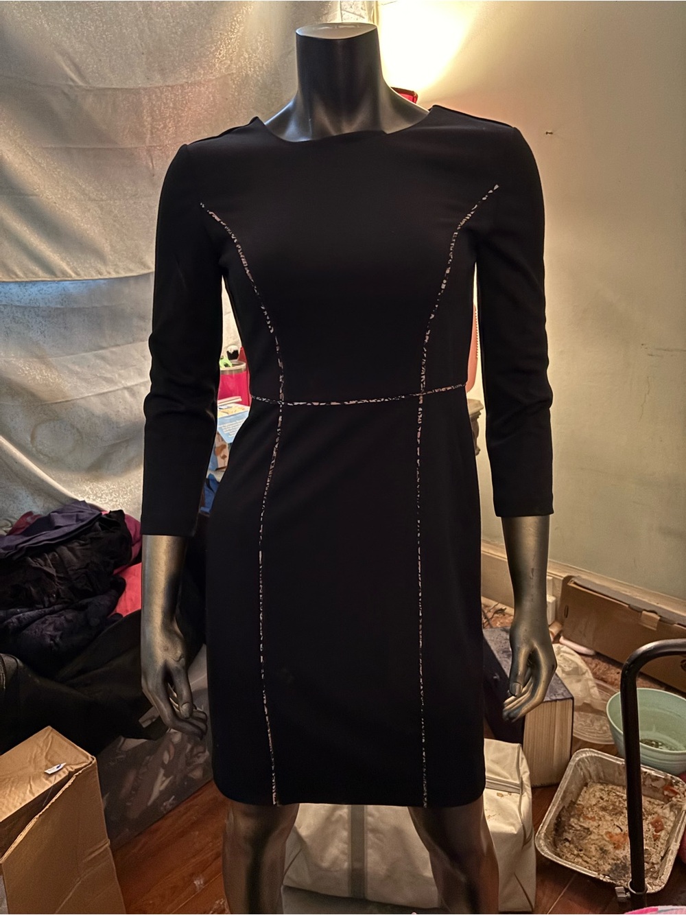 Karl Lagerfeld Black Long-Sleeve Sheath Dress with Contrast Stitching
